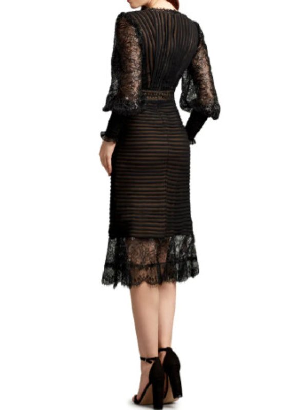 画像2: セール！【田中美里さん着用】Tadashi Shoji タダシショージ  Pleated Sequin Lace Long Sleeve Chiffon Dress　ブラック  41707 (2)