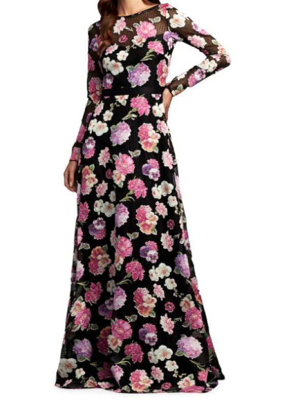 画像1: 再販売セール！Tadashi Shoji タダシショージ  RUMI 花柄ロングドレス　ブラック、パープル系  42601 (1)