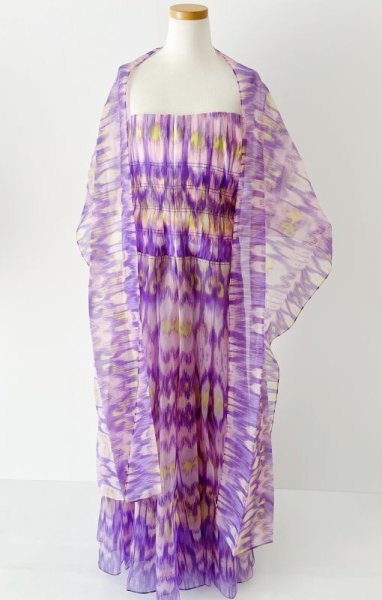 画像4: 再販売!【平野綾さんに衣装提供】Tadashi Shoji タダシショージ ショール付きIkat Printed Gazar Strapless ドレス パープル系  10131 (4)
