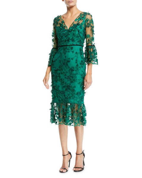 画像1: 【橋本環奈さん着用】Marchesa Notte マルケッサノッテ　EMBROIDERED 3D FLOWER MERMAID MIDI DRESS  4401 (1)