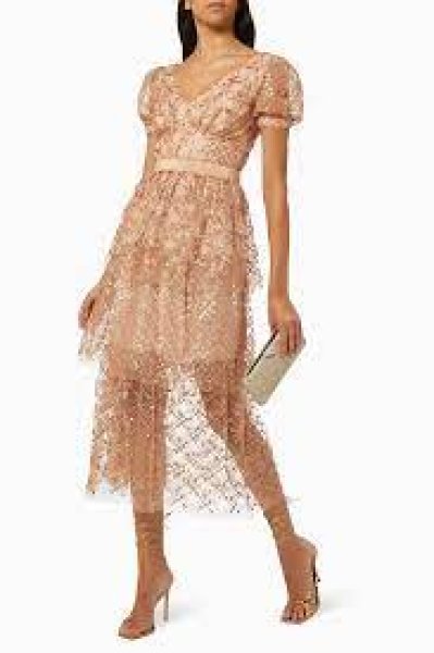 画像1: 限定セール！Self Portrait　セルフポートレート　 Grid Sequin tiered Midi Dress ピンク系  (1)