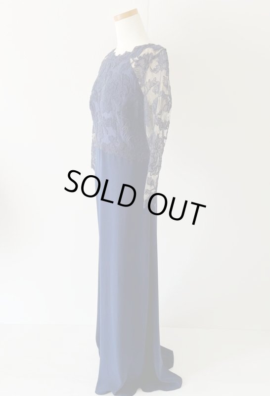 画像6: 1点のみ即発！Tadashi Shoji      Three-Quarter Sleeve Lace and Crepe Gown　ネイビー  82901 (6)