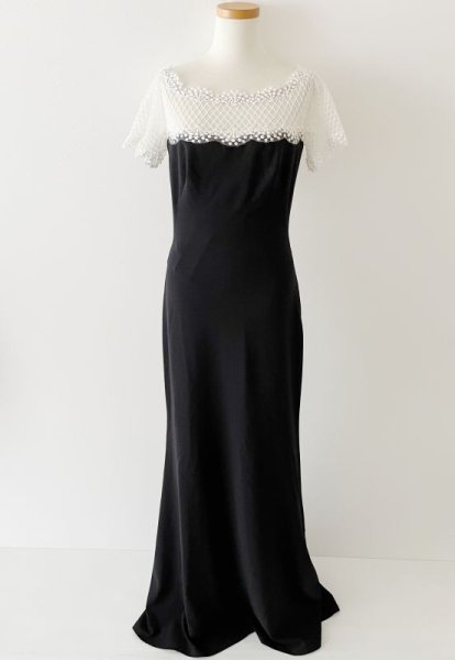 画像5: 即発!【釈由美子さんに衣装協力】Tadashi Shoji タダシショージ   Lace Yoke Crepe Gown ブラック、ホワイト  9401 (5)