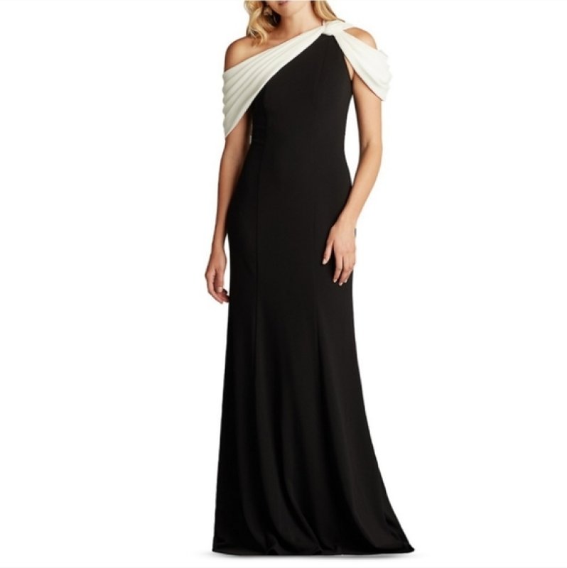 画像1: 【上白石萌音さん、井口綾香さん着用】Tadashi Shoji タダシショージ  COPLEY SHOULDER DRAPE GOWN 　ブラック、ホワイト  12042 (1)