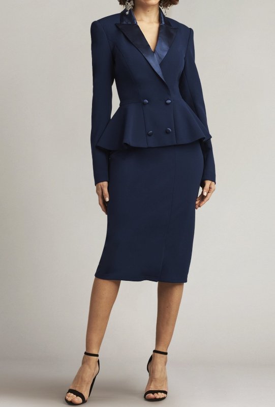 画像1: Tadashi Shoji  タダシショージ 　GILLES PEPLUM TUXEDO DRESS　ネイビー  08274 (1)