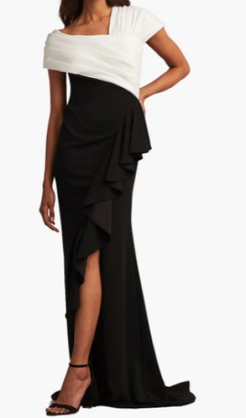 画像1: Tadashi Shoji タダシショージ   DUKE ASYMMETRIC DRAPED FLOUNCE GOWN　　ブラック、ホワイト (1)