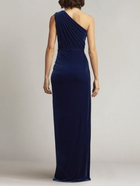 画像2: Tadashi Shoji タダシショージ  LOTTEN ワンショルダーベルベットラッフル Gown  ネイビー (2)