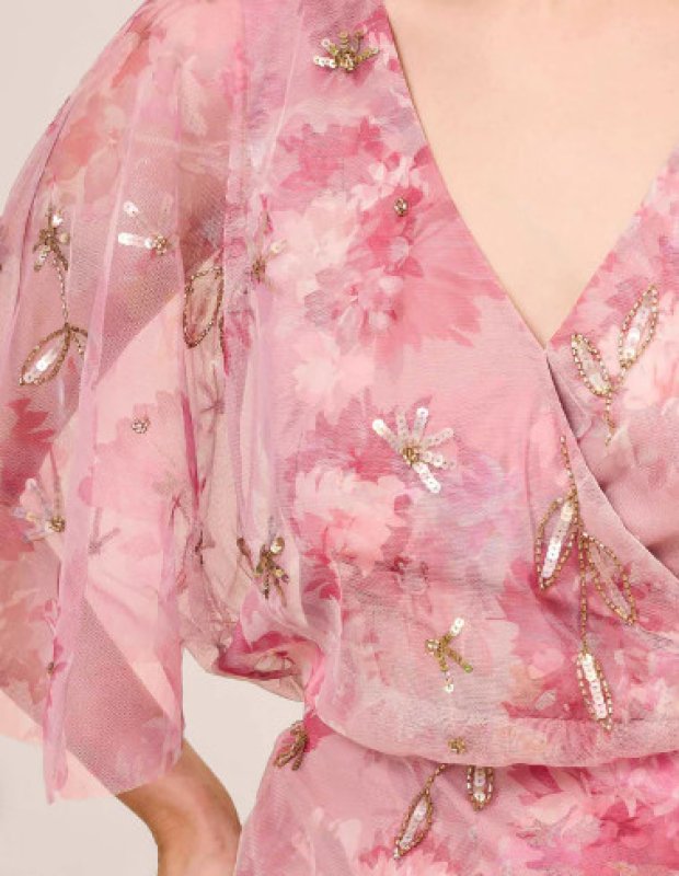 画像2: セール！Adrianna Papell アドリアナパペル    FLORAL-PRINT AND HAND-BEADED MESH LONG GOWN  08131 (2)