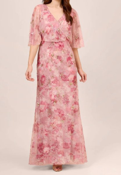 画像1: セール！Adrianna Papell アドリアナパペル    FLORAL-PRINT AND HAND-BEADED MESH LONG GOWN (1)