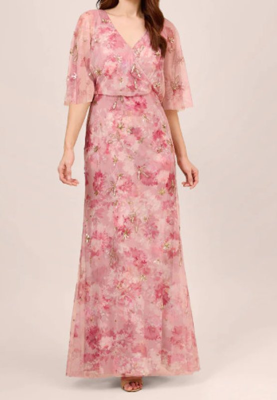 画像1: セール！Adrianna Papell アドリアナパペル    FLORAL-PRINT AND HAND-BEADED MESH LONG GOWN  08131 (1)
