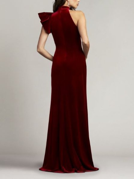 画像2: Tadashi Shoji  タダシショージ    ALTMAN VELVET FLOUNCE HALTER GOWN レッド系  11104 (2)