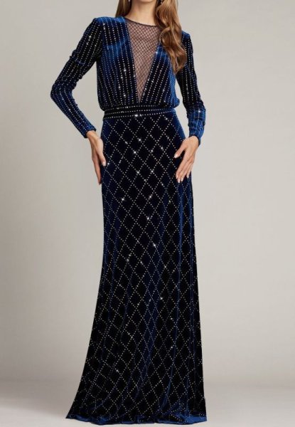 画像1: Tadashi Shoji タダシショージ  　AVI Diamante GOWN　ブルー、ネイビー系 (1)