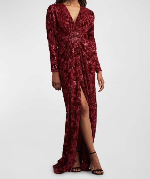 画像1: 限定セール！Tadashi Shoji タダシショージ  　BELLEANN SEQUIN BURNOUT VELVET GOWN　レッド系 (1)