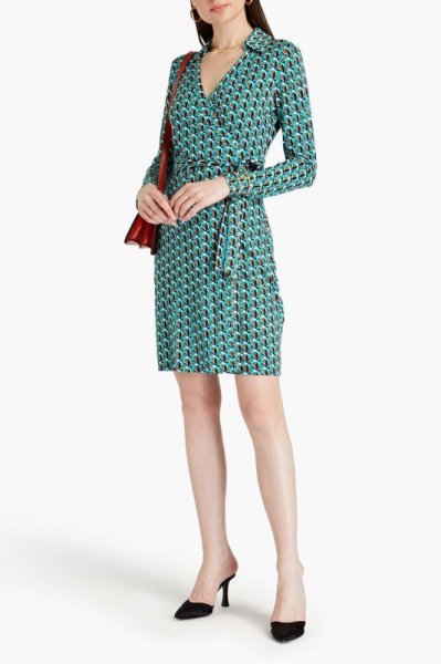 画像1: Diane von Furstenberg 　ダイアンフォンファステンバーグ    Jeanne printed wrap dress ターコイズ  42403 (1)