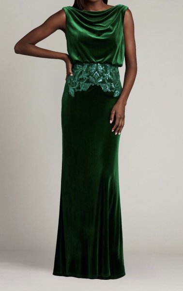 画像1: Tadashi Shoji タダシショージ 　DUNSTAN BACK DRAPE VELVET GOWN  グリーン  11301 (1)