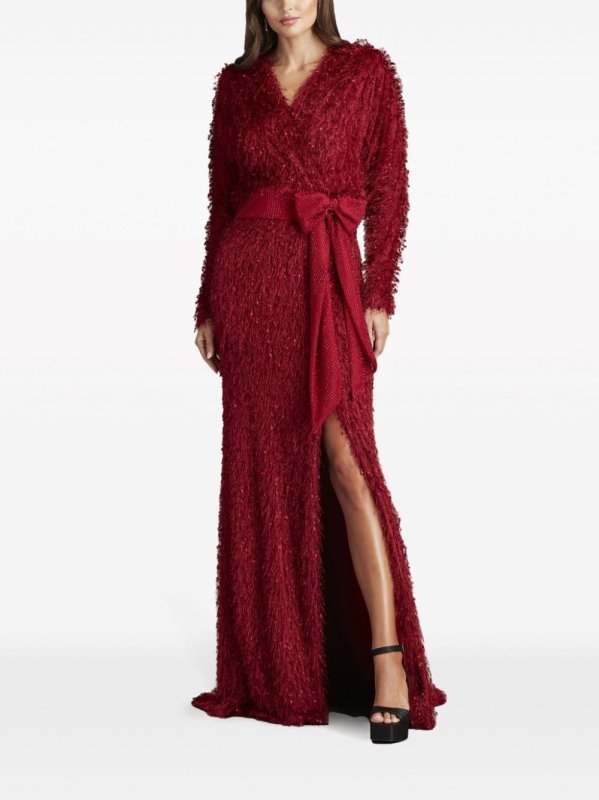 画像1: 限定セール！Tadashi Shoji タダシショージ  　BEYA EYELASH YARN SASH BELT GOWN  レッド系  12053 (1)