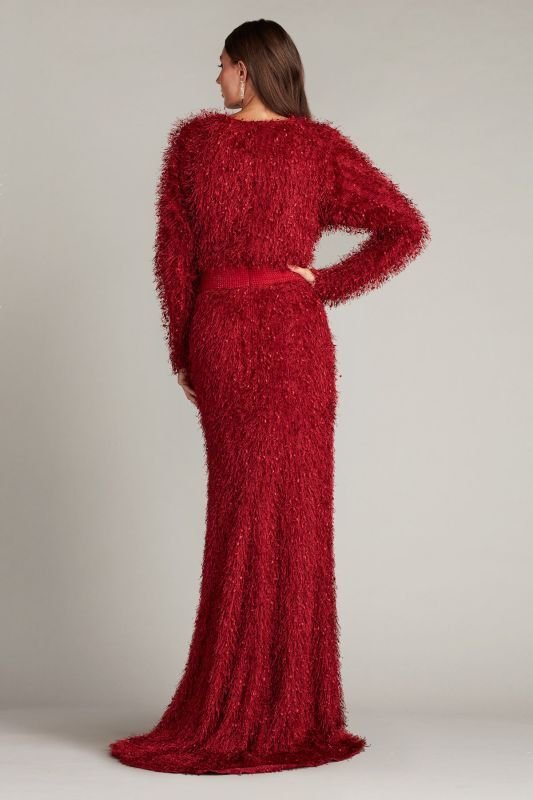 画像2: 限定セール！Tadashi Shoji タダシショージ  　BEYA EYELASH YARN SASH BELT GOWN  レッド系  12053 (2)