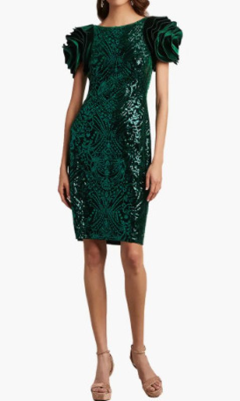 画像1: セール！【アンミカさん着用】Tadashi Shoji  タダシショージ  BRAYA SEQUIN VELVET ROSETTE SLEEVE DRESS　グリーン系   (1)