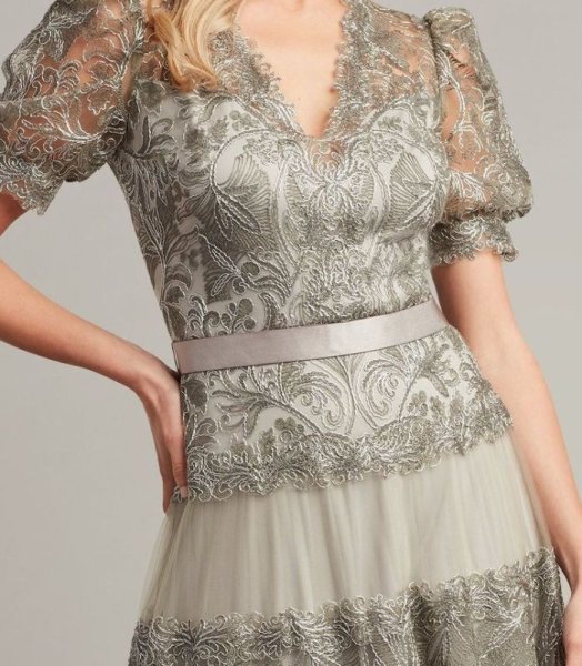 画像3: 限定セール!【水卜麻美さん着用】Tadashi Shoji タダシショージ  FATIHA  花柄レース&シフォンドレス シルバー系 (3)