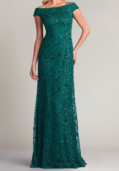 画像1: セール！Tadashi Shoji タダシショージ  DUBLIN オフショルダーGOWN　グリーン (1)