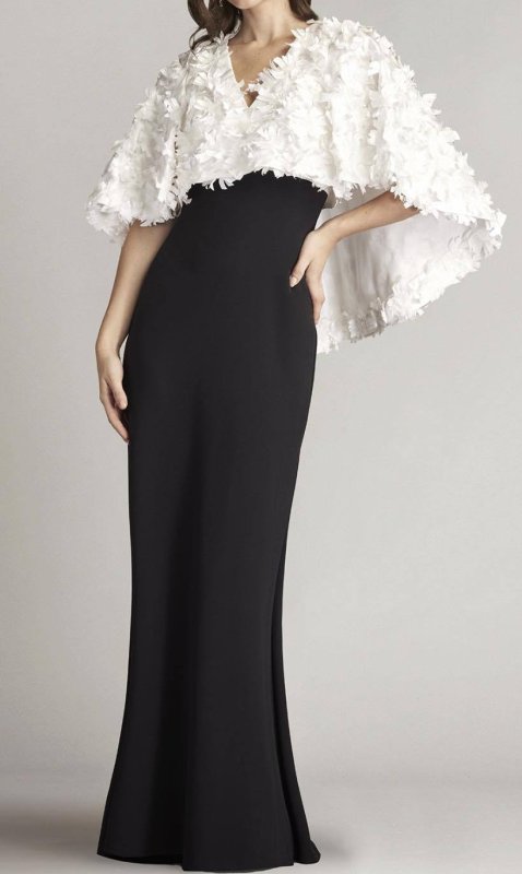 画像1: 再販売セール！Tadashi Shoji  タダシショージ    ELYZA SATIN FLOWER OVERLAY GOWN　ブラック、ホワイト  10021 (1)