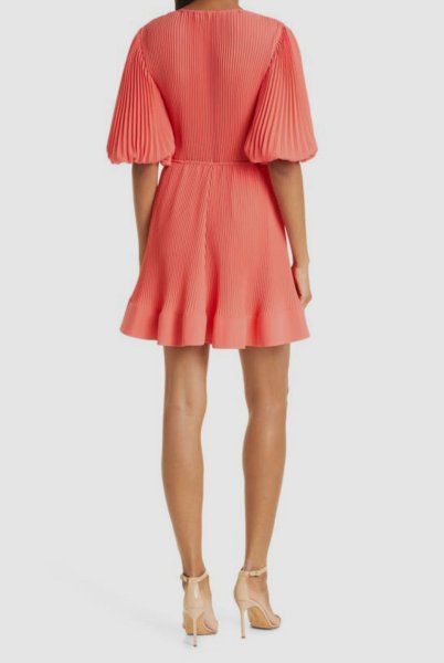 画像2: Milly ミリー  Elle V-Neck Pleated Dress ピンク系 ホットコーラル (2)