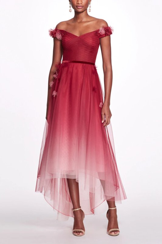 画像1: セール！Marchesa Notte マルケッサノッテ　オフショルダーアップリケチュールドレス　フューシャ  06261 (1)