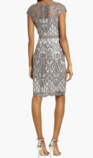 画像2: Tadashi Shoji  タダシショージ スパンコールレースシースドレス  シルバー系 (2)