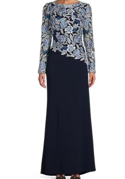 画像1:  Tadashi Shoji  タダシショージ　BREECE EMBROIDERED TULLE CONTRAST GOWN ブルー、ネイビー系 (1)