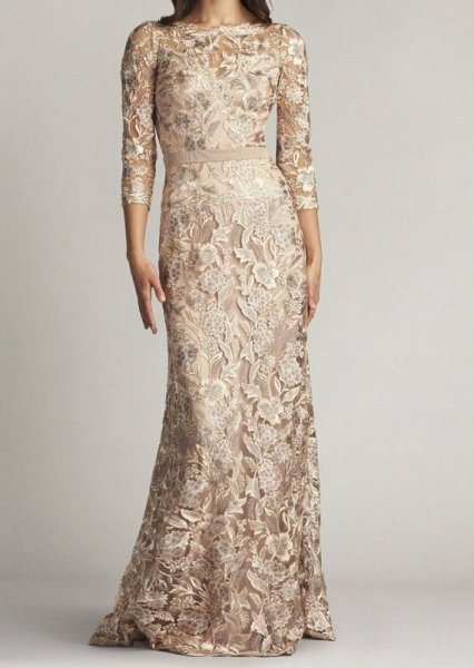 画像1: Tadashi Shoji タダシショージ   MARCEL EMBROIDERED ILLUSION GOWN  ベージュ系 (1)