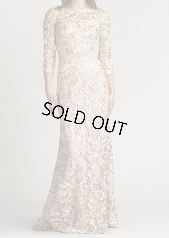画像1: Tadashi Shoji タダシショージ   MARCEL EMBROIDERED ILLUSION GOWN  ベージュ系 (1)