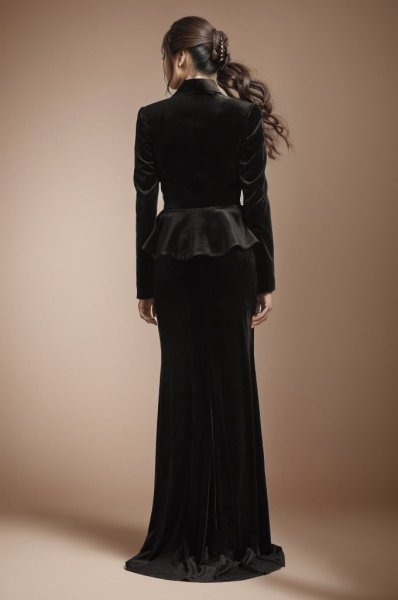 画像2: セール、即発!【山本舞香さん、大友花恋さん、愛希れいかさん着用】Tadashi Shoji  タダシショージ  GILLES VELVET PEPLUM TUXEDO GOWN ブラック  31102 (2)