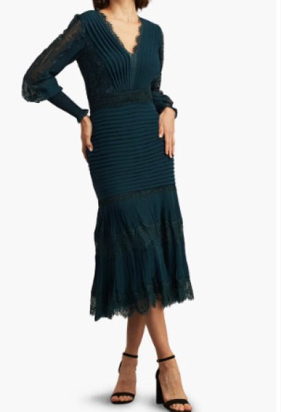 画像1: Tadashi Shoji タダシショージ  NYSSA  Pin-Tuck Long Sleeve Midi Dress　グリーン系 (1)