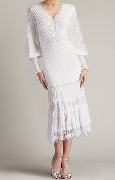 画像1: Tadashi Shoji タダシショージ  NYSSA  Pin-Tuck Long Sleeve Midi Dress　ホワイト系 (1)