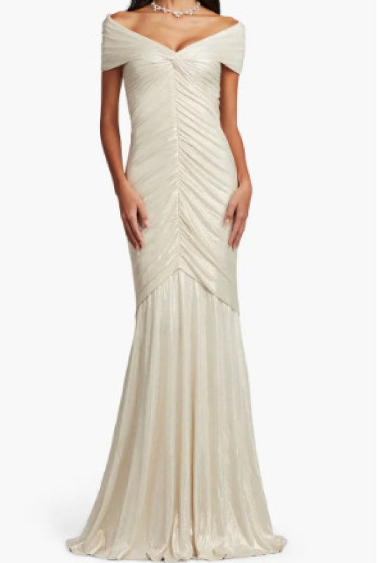 画像1: 限定セール！Tadashi Shoji タダシショージ  PIETTE DRAPED METALLIC JERSEY GOWN アイボリー系 (1)