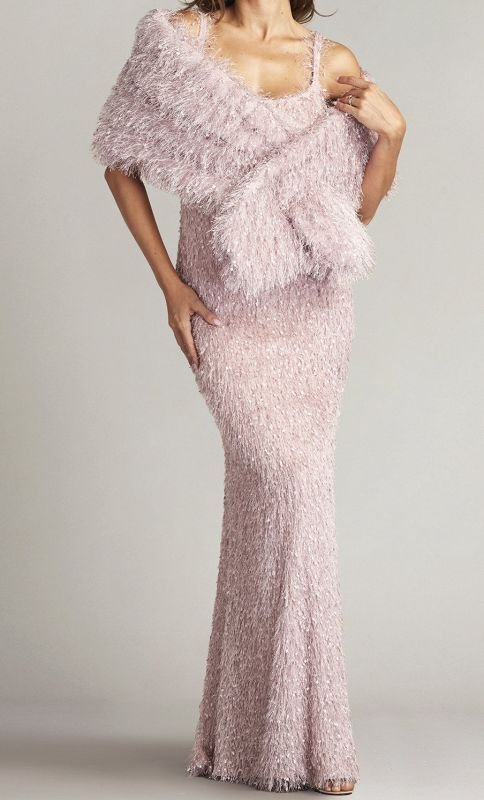 画像1: サイズ追加！Tadashi Shoji タダシショージ   ストール付き PIP EYELASH YARN GOWN パープル系 (1)