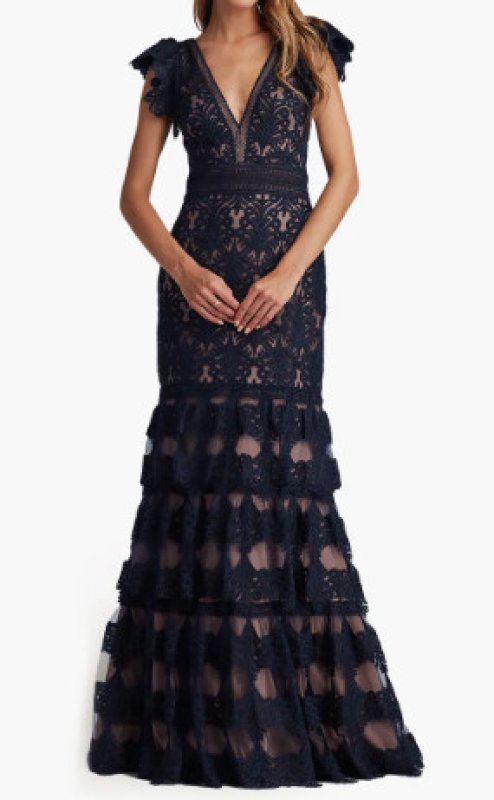 画像1: セール！【栗山千明さん着用】Tadashi Shoji タダシショージ  　RHONE TIERED EMBROIDERED TULLE GOWN　ネイビー系 (1)