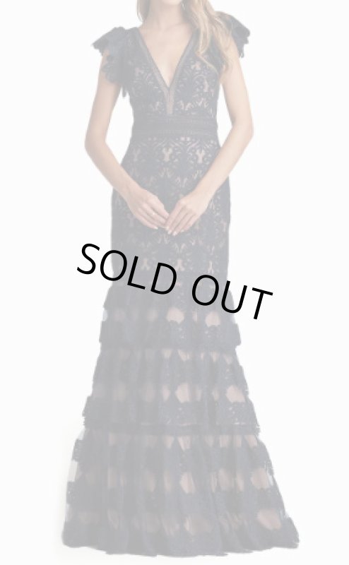 画像1: セール！【栗山千明さん着用】Tadashi Shoji タダシショージ  　RHONE TIERED EMBROIDERED TULLE GOWN　ネイビー系 (1)