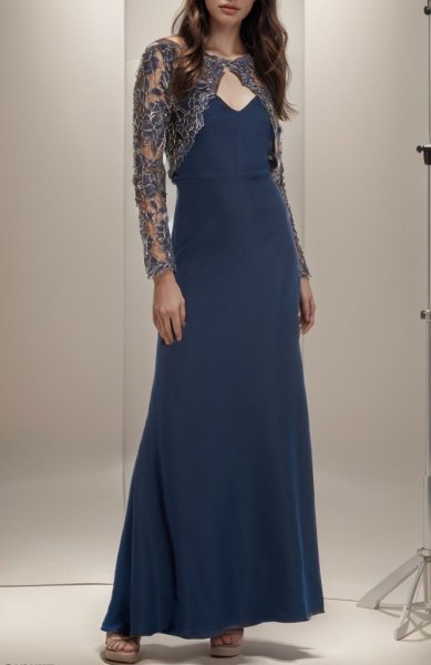 画像1: 1点のみ即発！Tadashi Shoji  タダシショージ  　Crepe & Embroidered Lace Gown　ネイビー系  41101 (1)