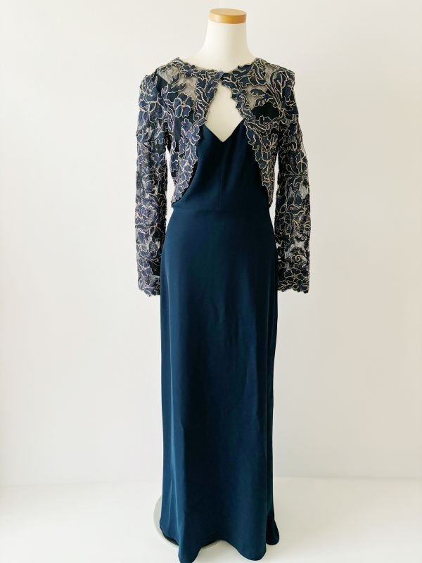 画像7: 1点のみ即発！【釈由美子さんに衣装協力】Tadashi Shoji  タダシショージ  　Crepe & Embroidered Lace Gown　ネイビー系  41101 (7)