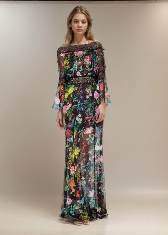 画像1: セール再販売！Tadashi Shoji タダシショージ　Missy-8 Off-the-Shoulder Floral Printed Sheer Gown ブラック  08091 (1)