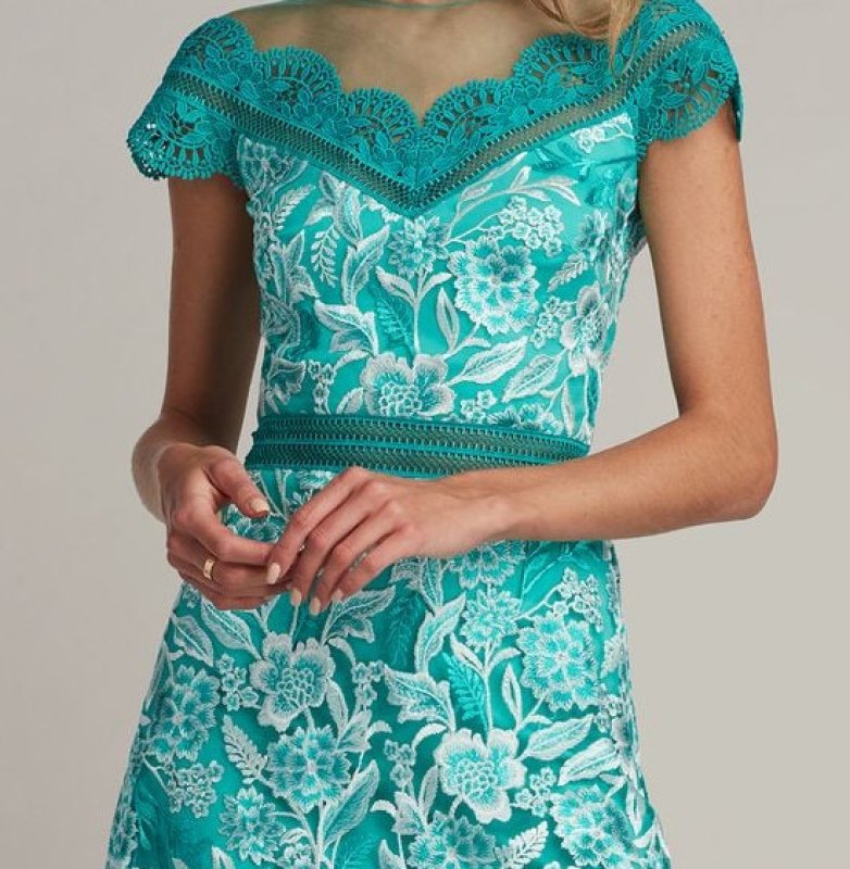 画像2: 【黒田みゆさん着用】Tadashi Shoji  タダシショージ  　NANCE BANDED SCALLOPED LACE DRESS グリーン、ブルー系 (2)