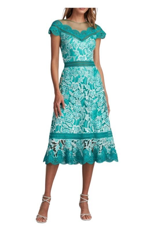 画像1: 【黒田みゆさん着用】Tadashi Shoji  タダシショージ  　NANCE BANDED SCALLOPED LACE DRESS グリーン、ブルー系 (1)