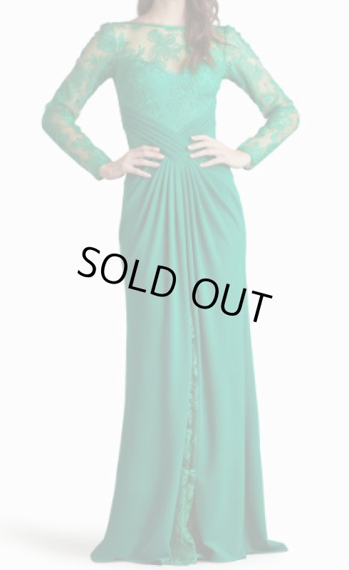 画像1:  Tadashi Shoji  タダシショージ　RAVINA EMBROIDERED ILLUSION GOWN　グリーン系 (1)