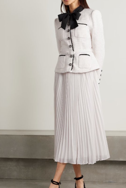 画像1: セール！Self Portrait　セルフポートレート  リボンタイ付きtweed and chiffon midi dress  03062 (1)