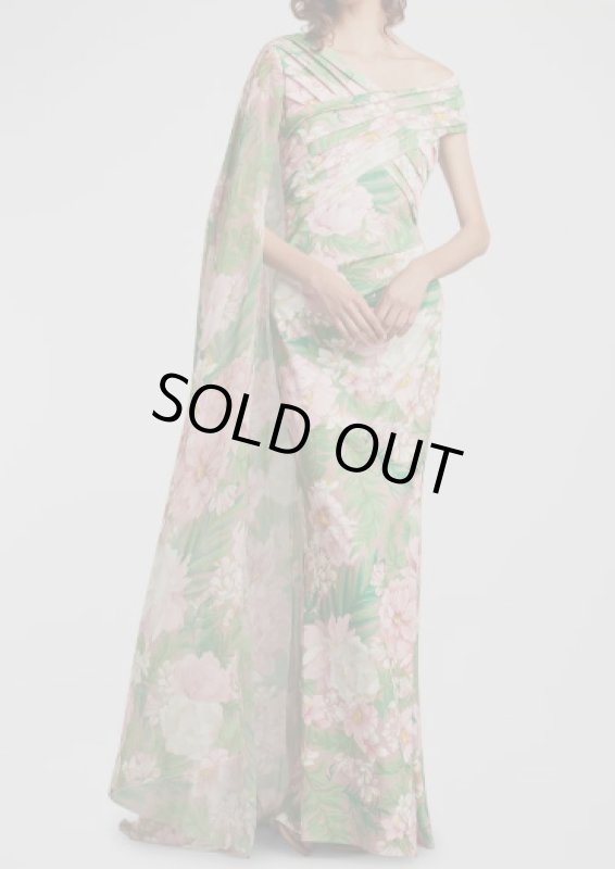 画像1: セール！Tadashi Shoji タダシショージ   花柄ワンショルダーケープドレス　グリーン、ピンク系   07265 (1)
