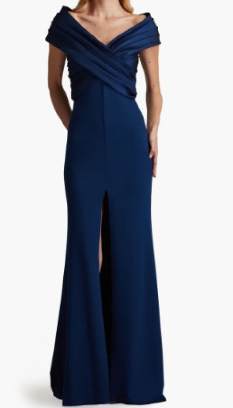 画像1: セール！Tadashi Shoji タダシショージ  BENZ PLEATED PORTRAIT COLLAR GOWN 　ネイビー  (1)