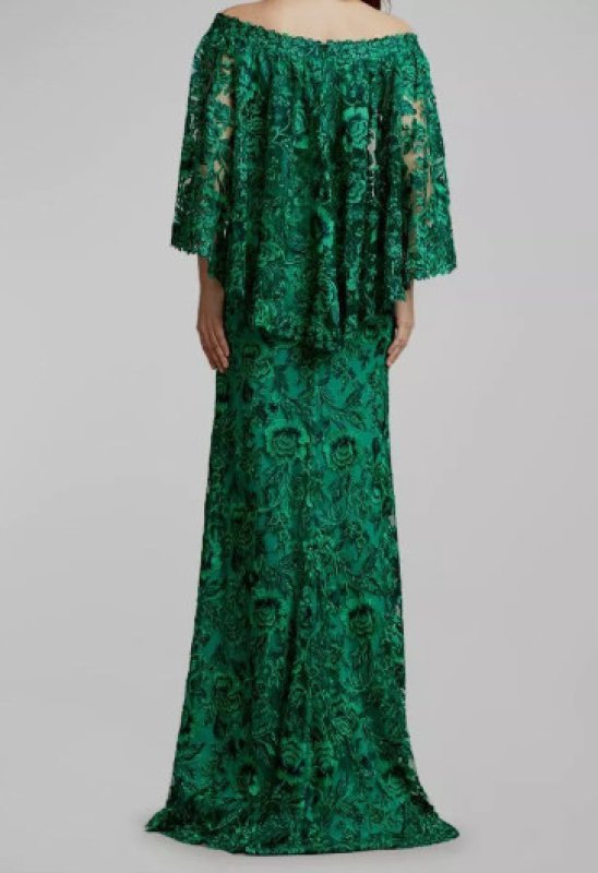 画像2: Tadashi Shoji タダシショージ  Floral Embroidered Lace Cape Gown   グリーン系  12061 (2)