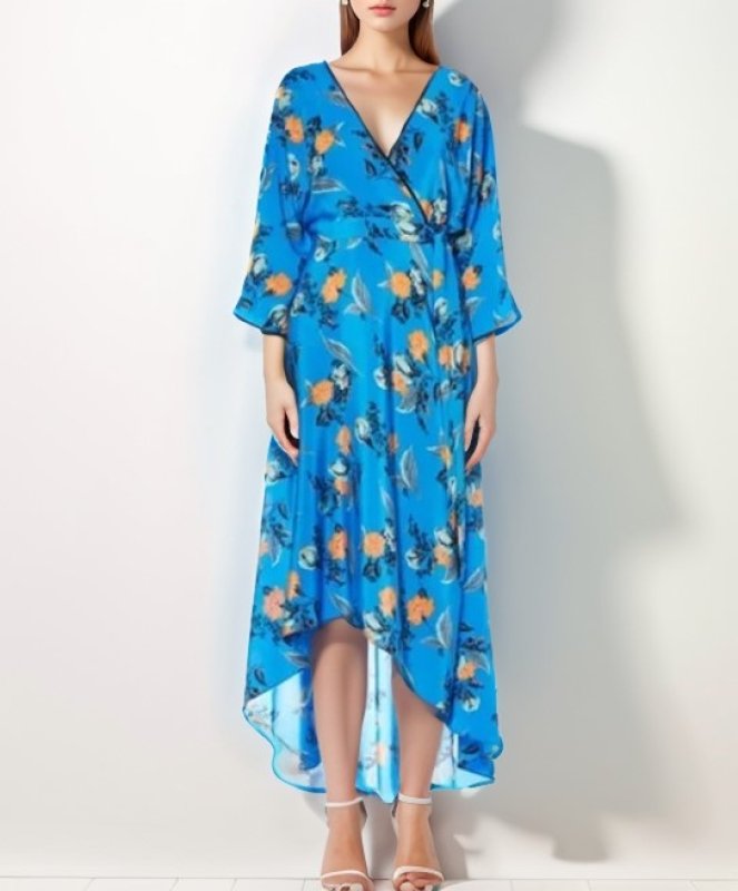 画像4: セール【エヴァロンゴリア愛用】Diane von Furstenberg 　ダイアンフォンファステンバーグ　Eloise ラップ風ドレス　ブルー、ピーチ系  06012 (4)