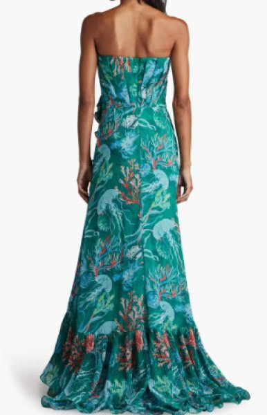 画像3: セール!Tadashi Shoji  タダシショージ   Morwenna Oceanic Print Ruffle Gown グリーン系 (3)